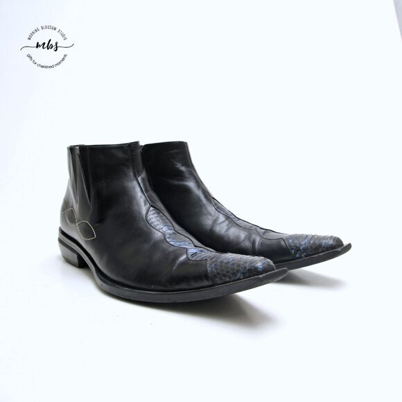 Juno Western Contrast‎ Stitch Croc Pointed Toe Side Zip Ankle Boots Black Men 9 main image 13